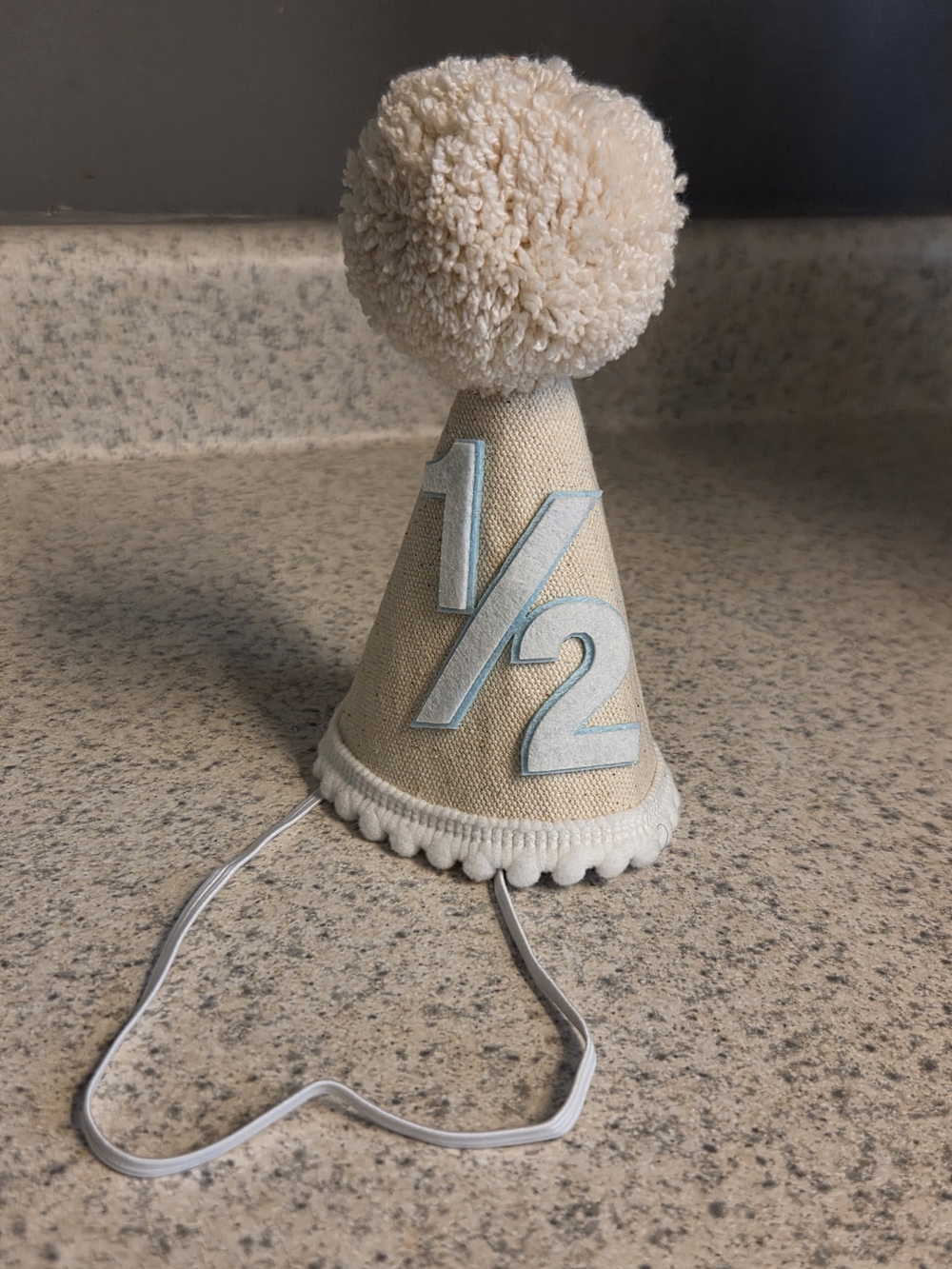 Baby Neutral Linen 1/2 Birthday Party Hat Boho Beige Pom 6 Month Photo Prop